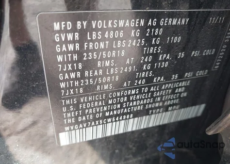 2012 Volkswagen Tiguan Se from USA, damaged, VIN WVGAV7AX5CW544968